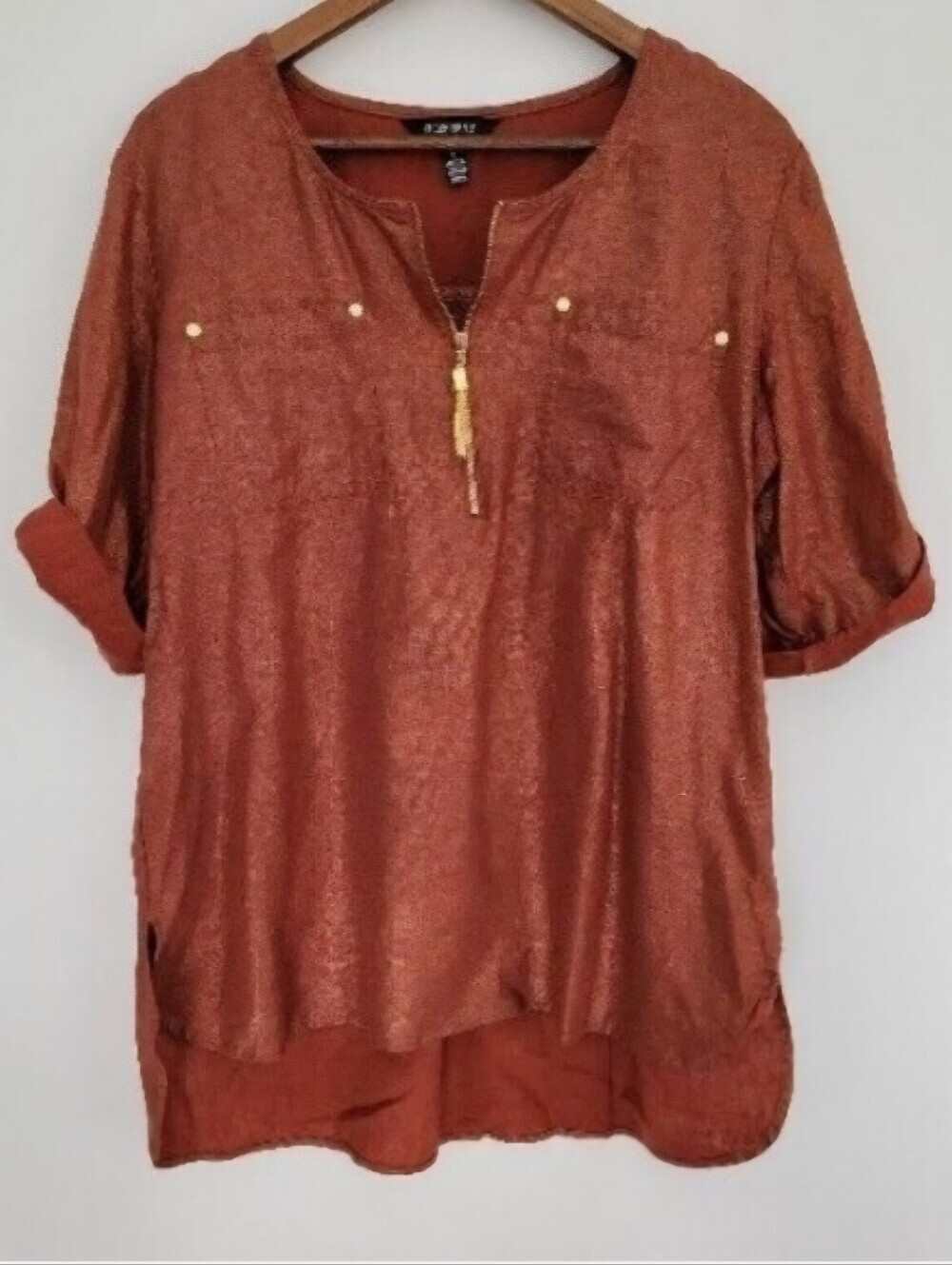 Ellen Tracy Women's Size Large Roll Tab Sleeve Burnt Orange Top Linen Blend EUC
